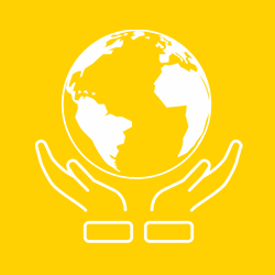 Hands holding the earth icon on a yellow background
