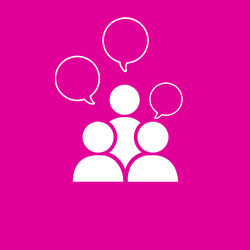 A group of people with speech bubbles icon on a pink background